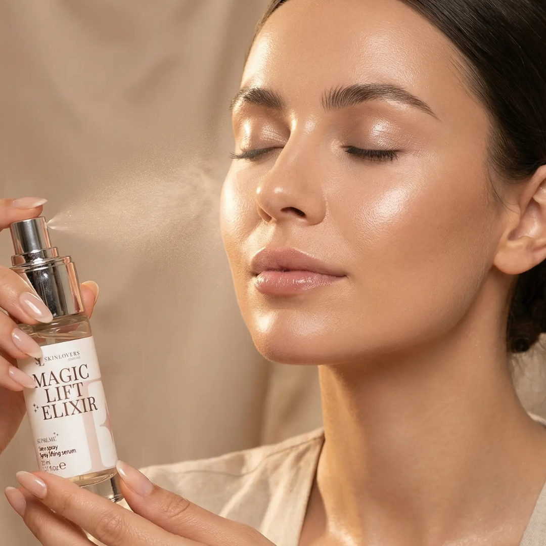 Skinlovers Magic Lift Elixir siero spray – donna che vaporizza il siero lifting direttamente sul viso con pelle luminosa