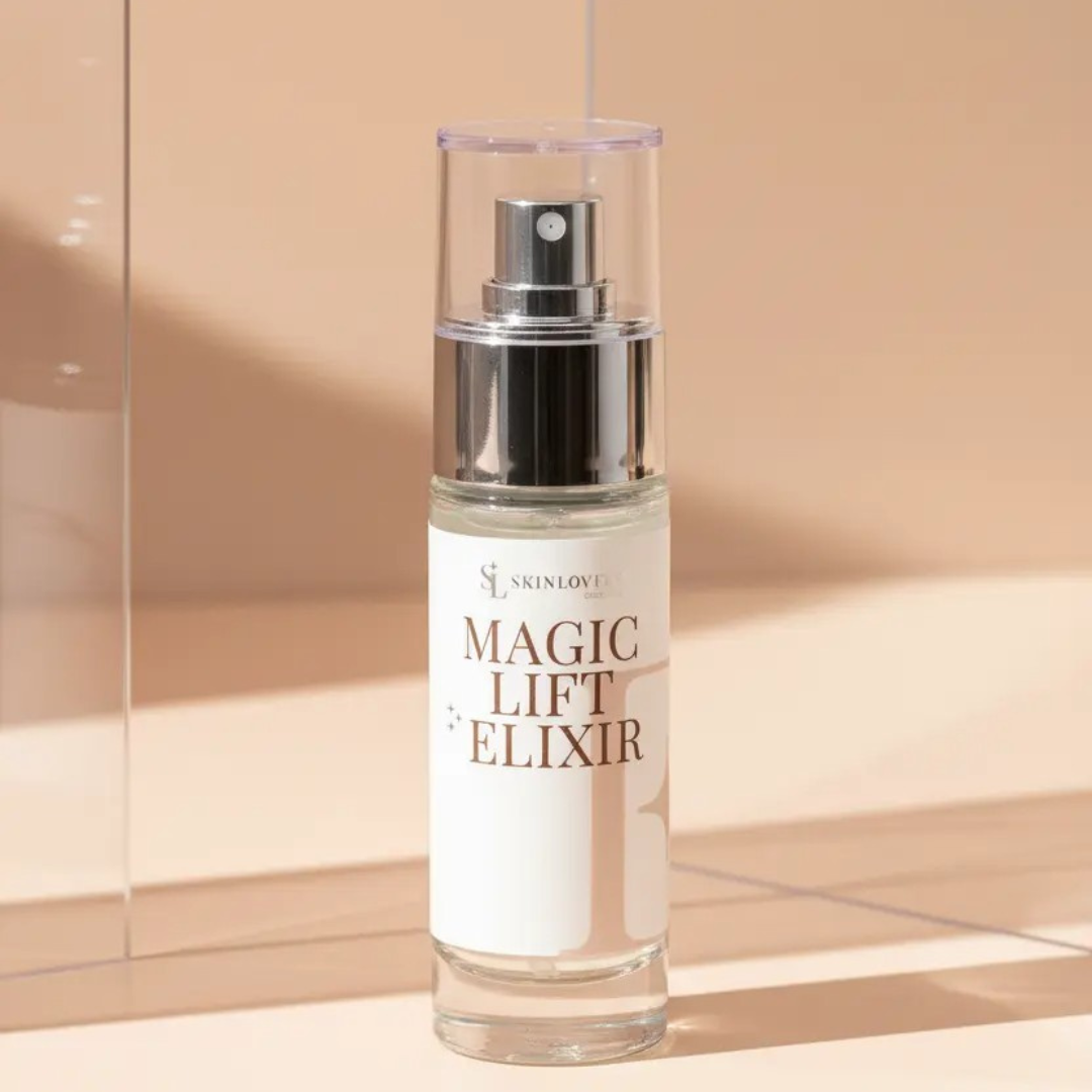 Skinlovers Magic Lift Elixir siero spray lifting istantaneo 30ml – flacone in vetro con pompa argentata su sfondo beige