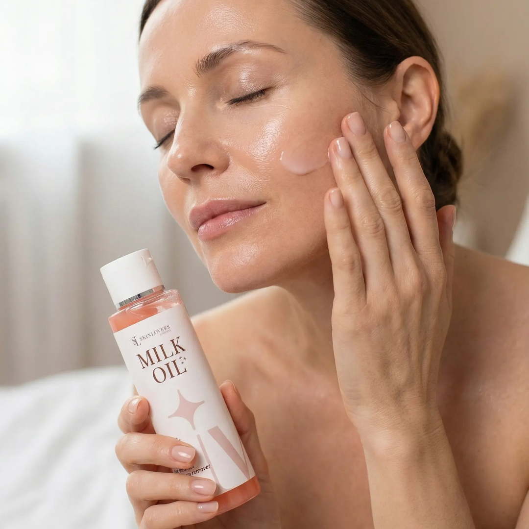 Skinlovers Milk Oil olio detergente struccante – donna che applica il prodotto sul viso