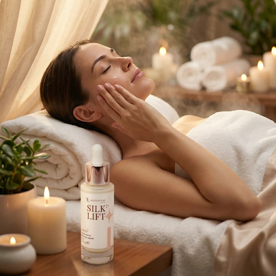 Skinlovers Silk Lift siero in crema anti-età 30ml – donna che applica il siero sul viso