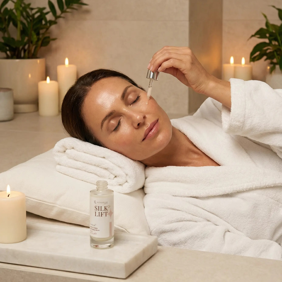 Skinlovers Silk Lift siero in crema – donna che applica il siero viso con contagocce